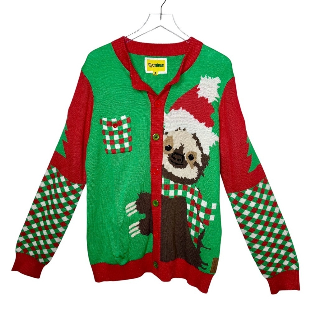 Tipsy Elves Santa Sloth Ugly Christmas Cardigan Sweater Sz L
